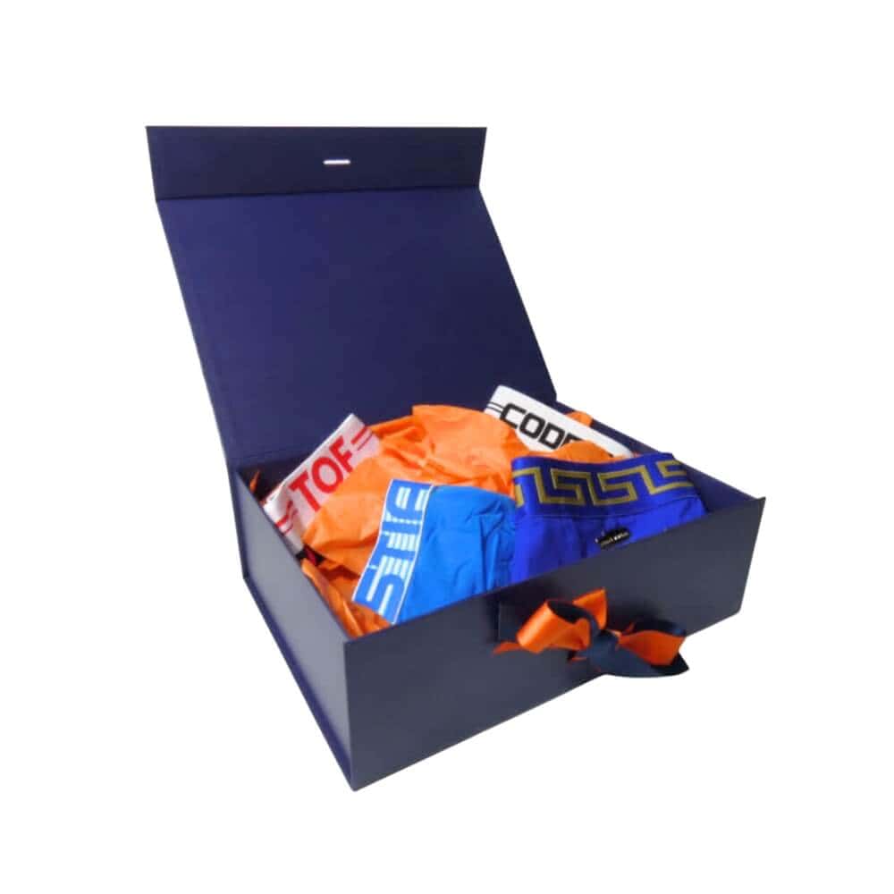 Blue Magnetic Gift Box, Orange Tissue Wrap, Blue & Orange Double Ribbon Bow