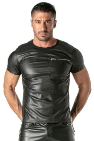 TOF Paris Men's Leatherette Zipper Pocket T-Shirt