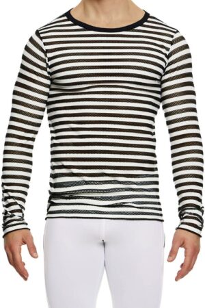 Modus Vivendi Men's Striped See Through Mesh Long-Sleeved Top