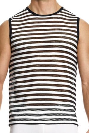 Modus Vivendi Men's Black & White Striped Through Mesh Sleeveless Top