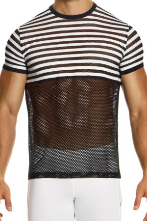 Modus Vivendi Men's Black & White Fishnet Mesh Striped Through T-Shirt