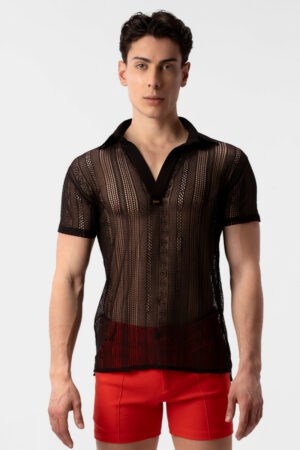 Barcode Berlin Men's See-Through Breathable Lace Short-Sleeve Polo Top